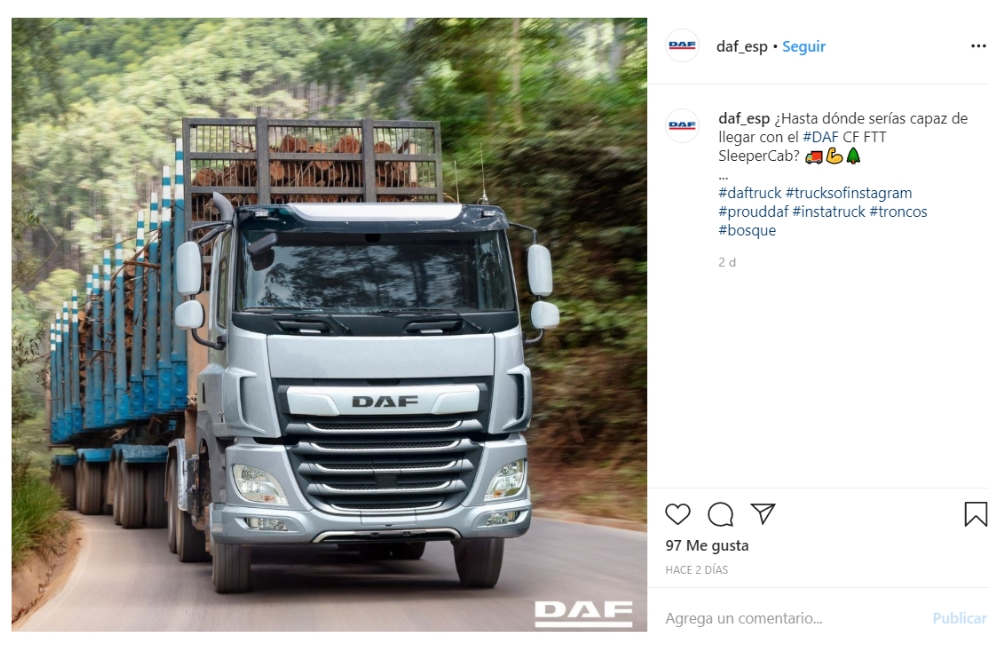Instagram DAF con una imagen de un camión transportando madera - empresa tradicional 