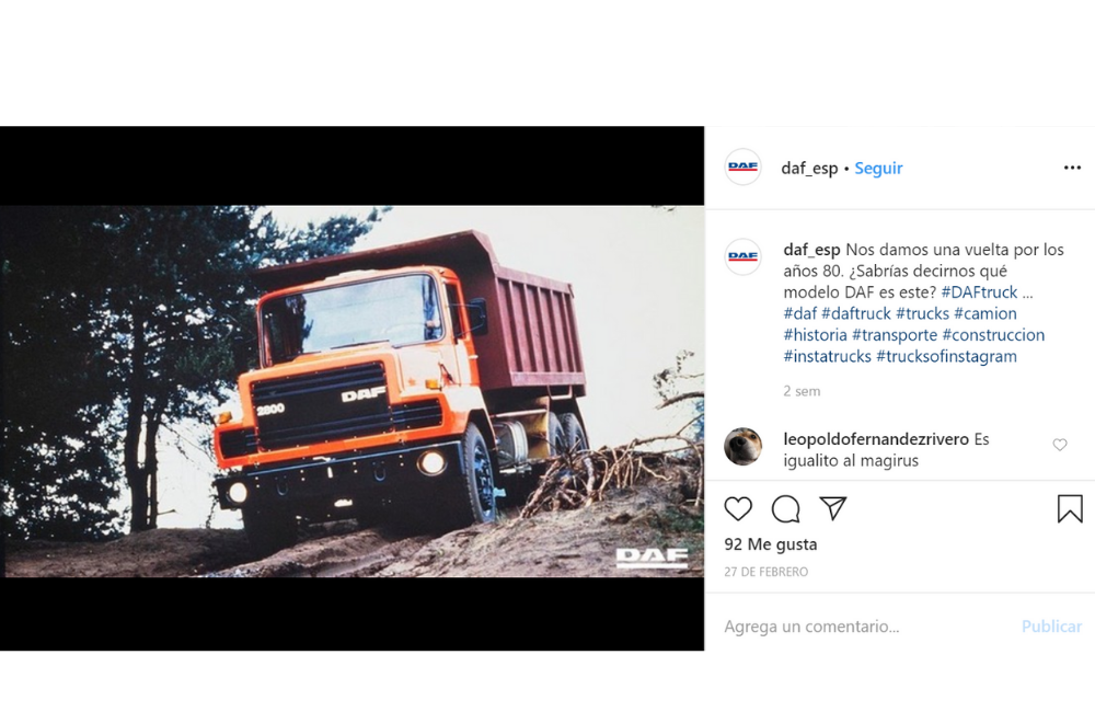 Instagram DAF con una imagen de un modelo de camión antiguo - empresa tradicional